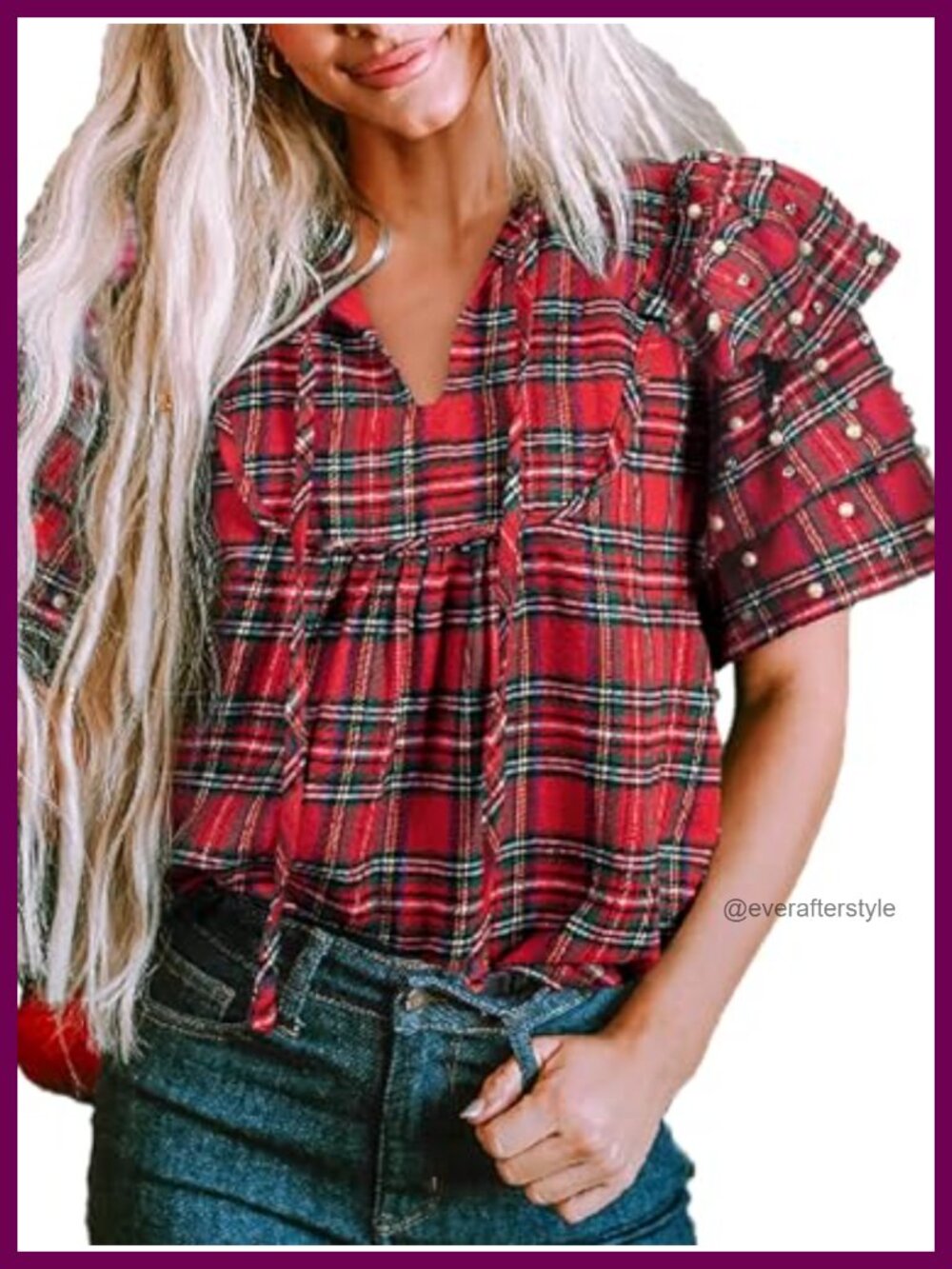 Womens Plaid Pearl Ruffle Sleeve V Neck Short Sleeve T Shirt Loose Fit Top